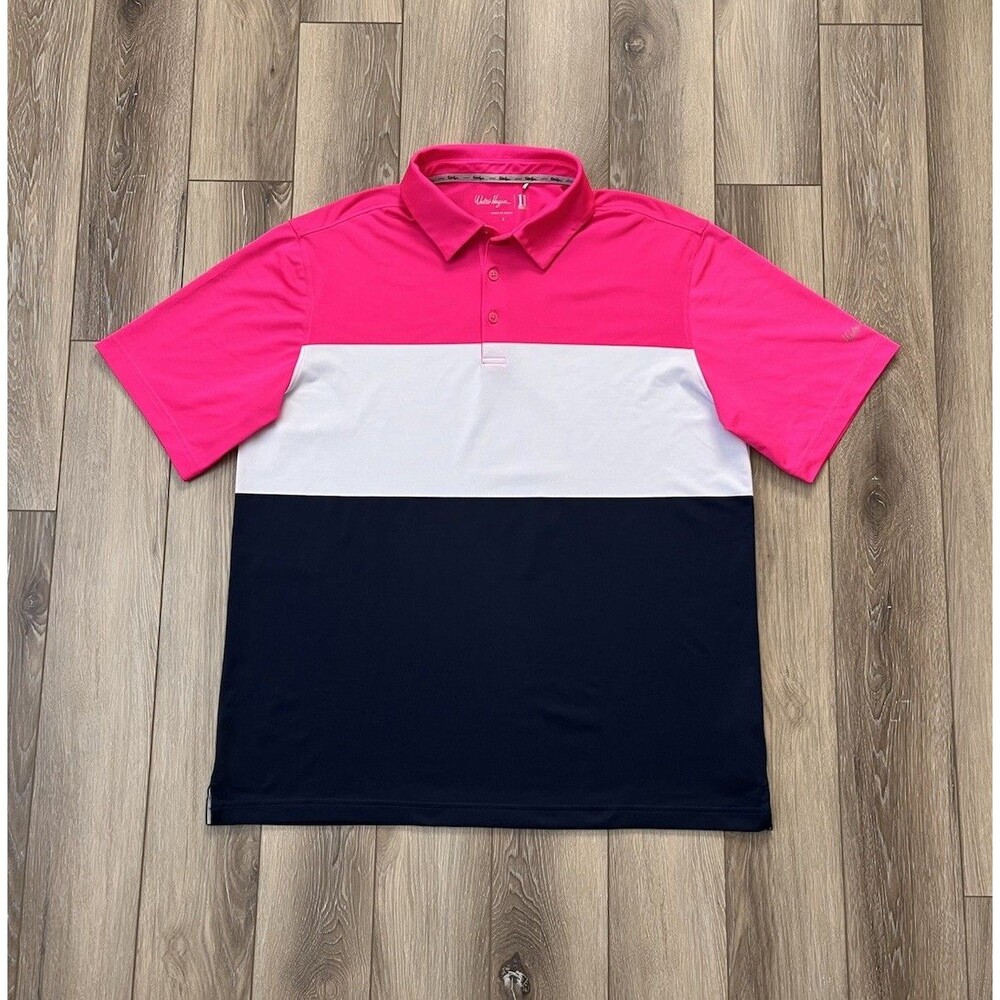 Walter Hagen 11 Majors Polo Shirt Mens Sz L Pink/Blue Colorblock Golf Casual